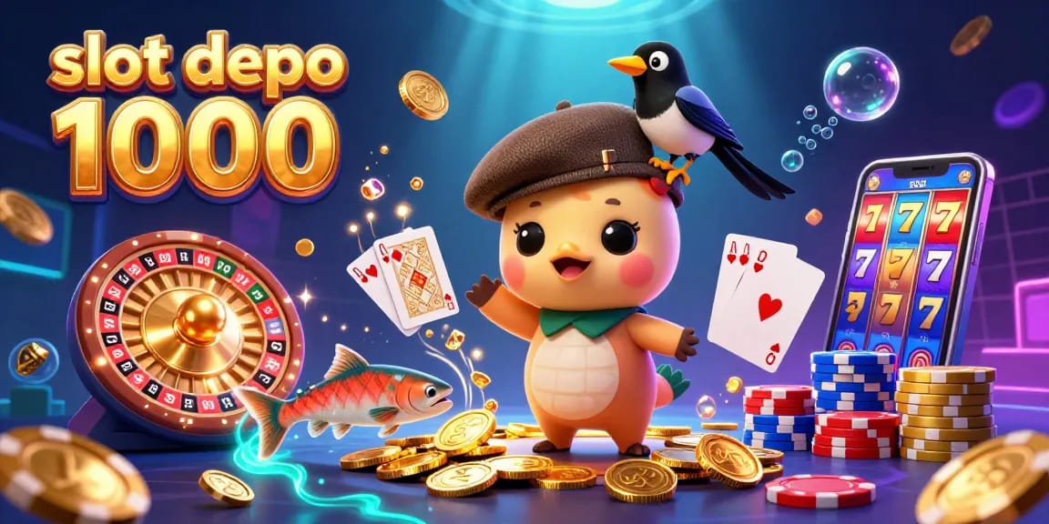 Engage with the thrill of slot depo 1000 featuring a vibrant 3D cartoon baby Nessie amidst gold coins and colorful game elements.