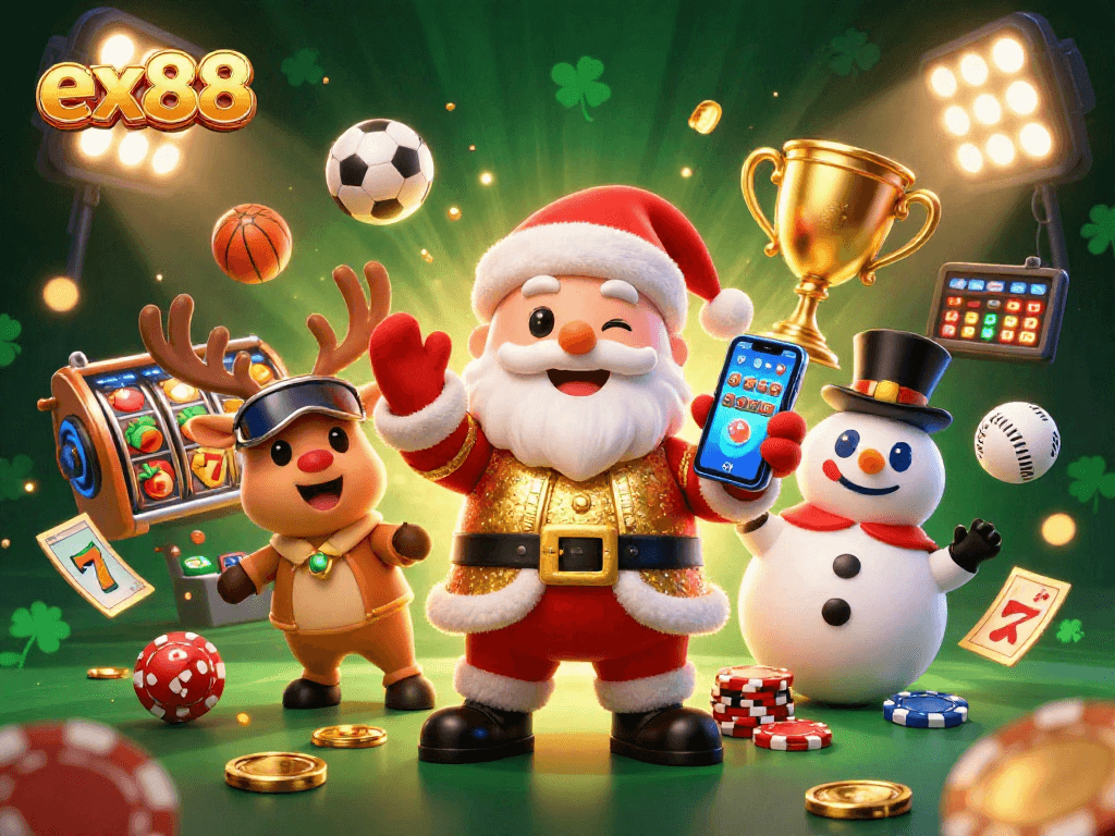 Enjoy the festive essence of ex88 with Santa and friends celebrating jackpot slots in a dynamic casino scene.