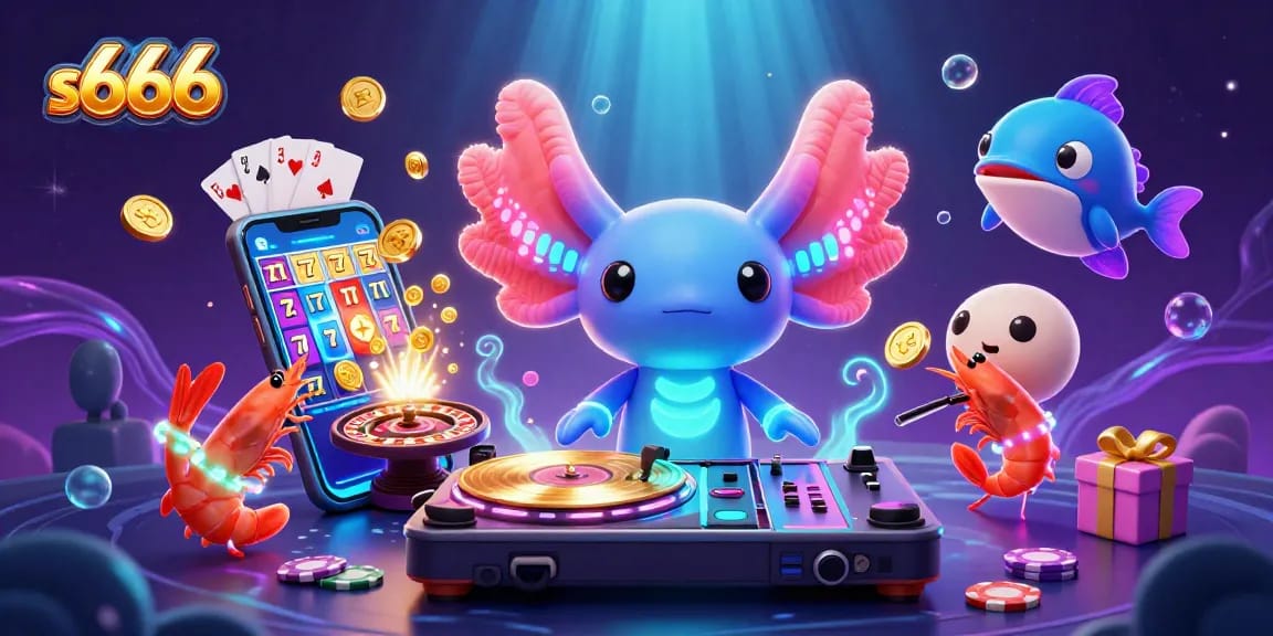 Join the fun at s666 with an axolotl DJ and colorful slot games in a vibrant underwater casino scene.