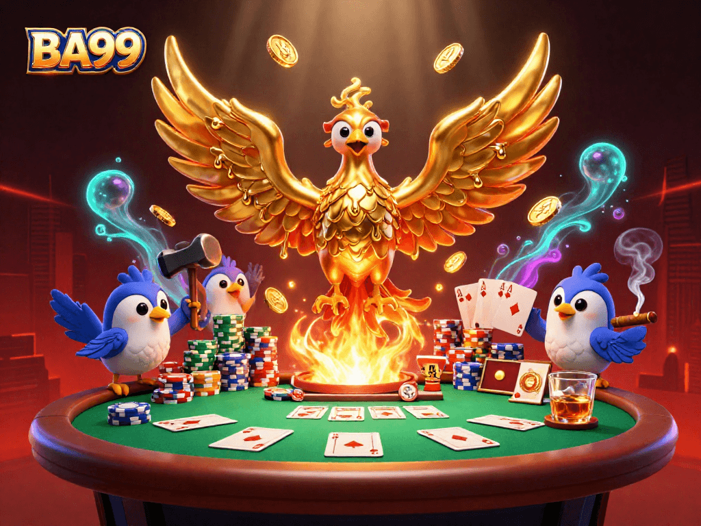 Engage with BA99's vibrant 3D scene featuring a golden phoenix and poker elements for an immersive gaming experience.