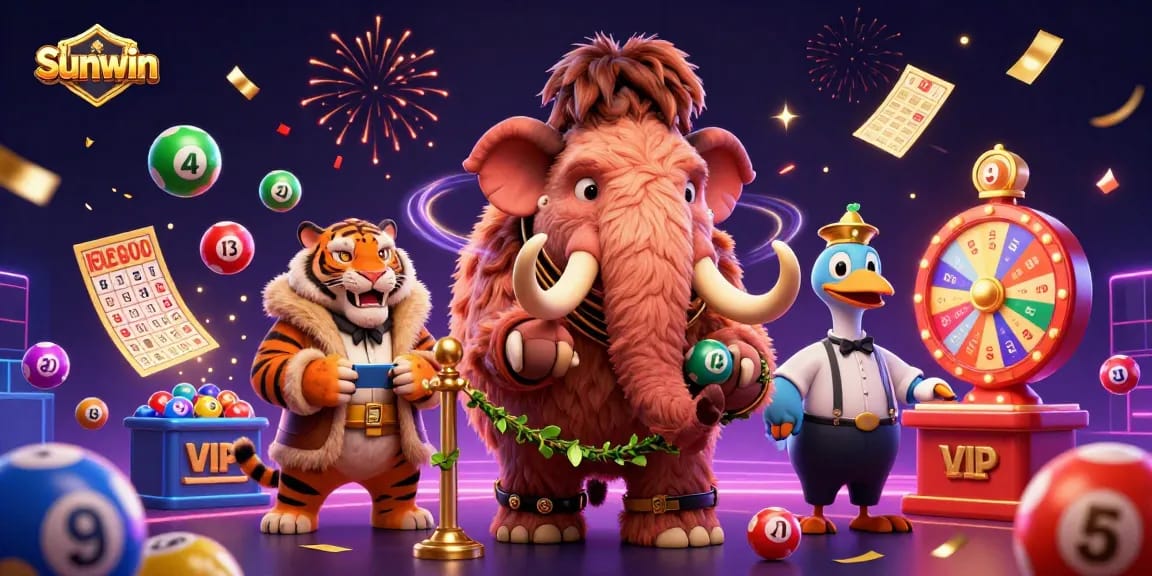 Sunwin bouncer checks IDs as vibrant lottery elements surround a saber-tooth tiger VIP guest.