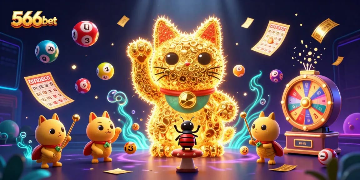 Engage with 566bet's vibrant 3D casino world featuring lucky symbols, colorful lottery balls, and a conductor beetle.