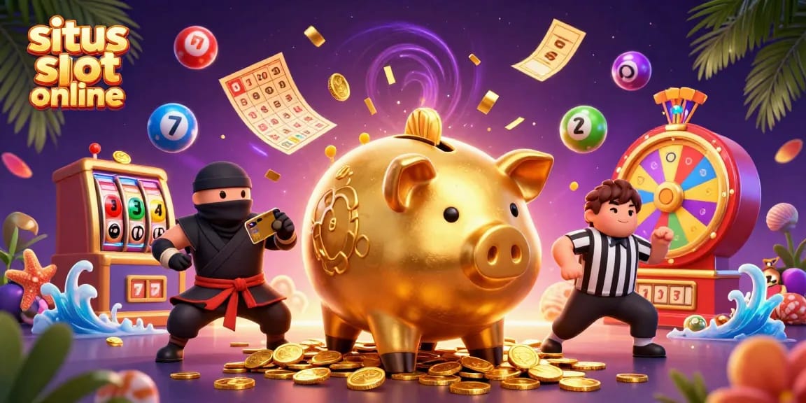 Situs slot online features a golden piggy bank sumo wrestler amidst dynamic game elements and winning symbols.