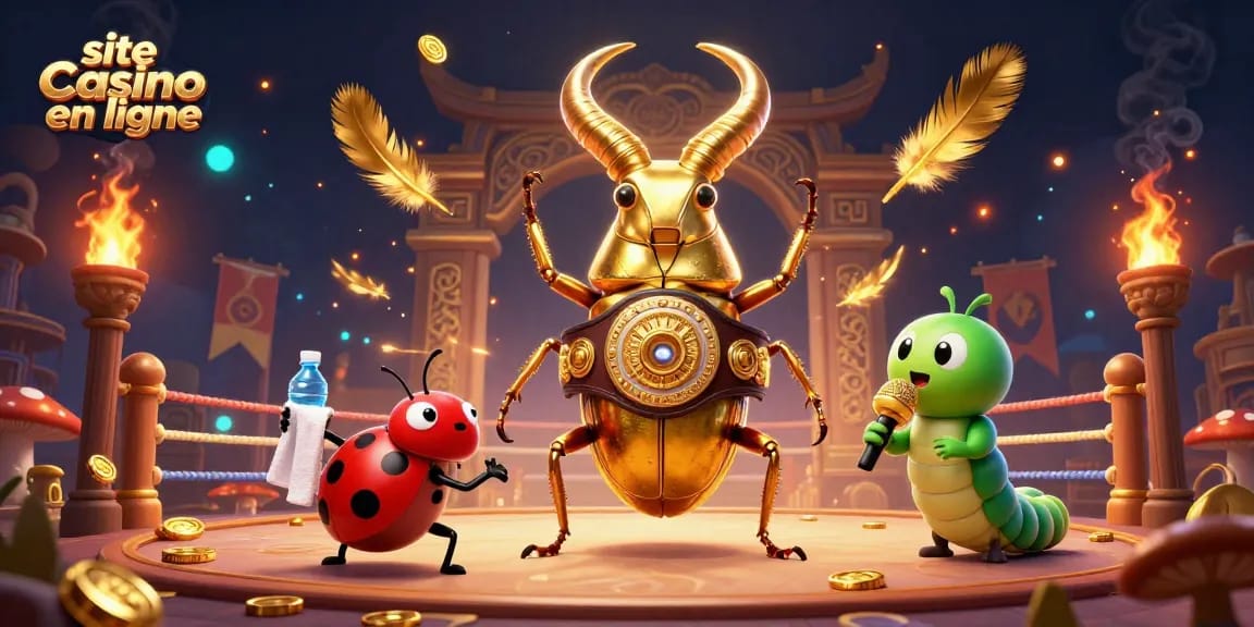 Un dessin animé 3D animé représentant la scène captivante d'un site casino en ligne, avec un scarabée géant défiant avec une ceinture de champion.