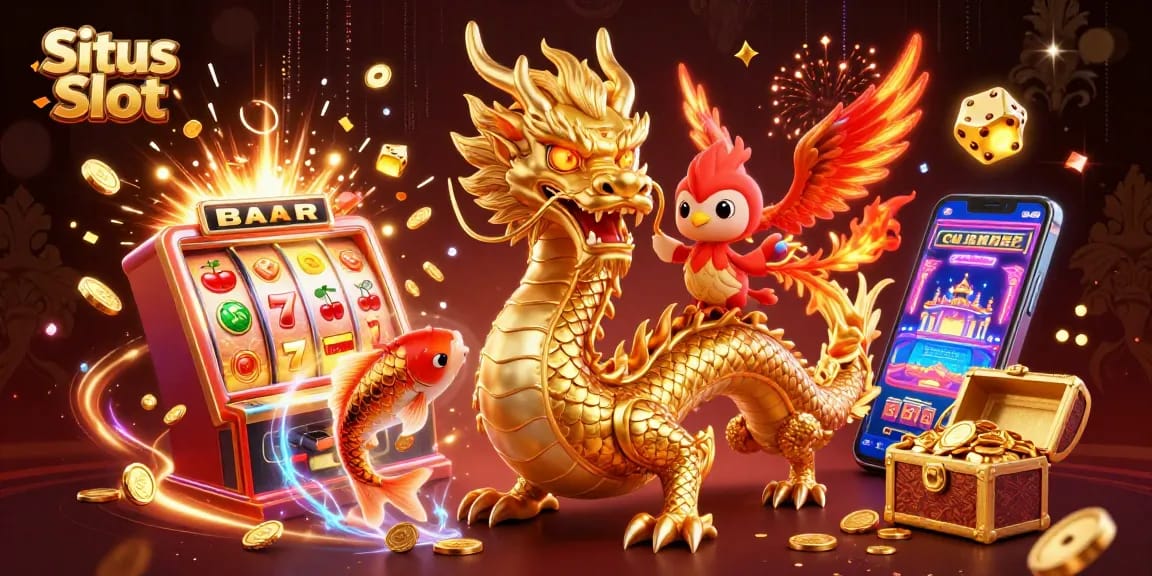 Experience the thrill of Situs Slot with a dynamic 3D illustration featuring a Chinese dragon, phoenix, and koi fish.