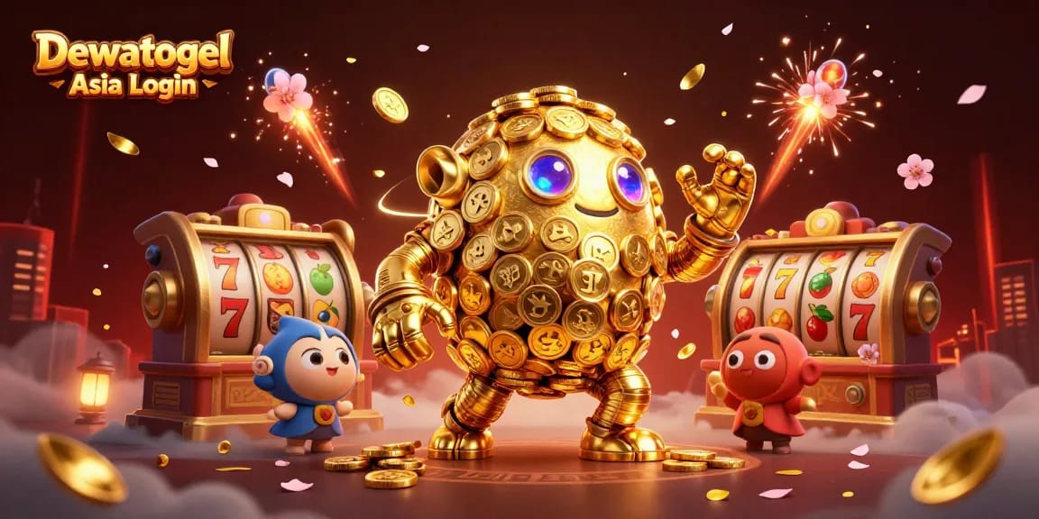 Dewatogel Asia Login depicts a vibrant 3D cartoon scene showcasing a golden golem surrounded by slot reels and festive elements.