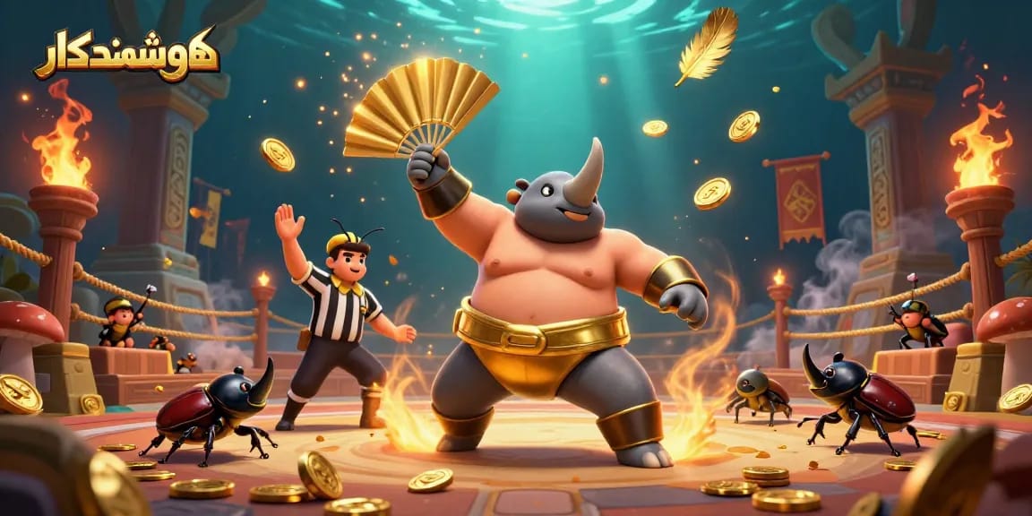 Experience thrilling wins at هوشمندکار with a vibrant 3D sumo champion beetle scene in a dynamic casino arena.