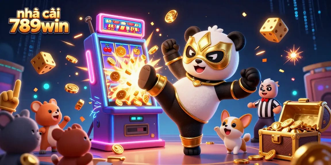 Experience the excitement of nhà cái 789win with a thrilling illustration showcasing a panda in action, surrounded by vibrant casino elements.