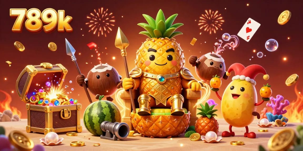 Engage with 789k's vibrant beach casino featuring a golden pineapple king and lively gaming elements.