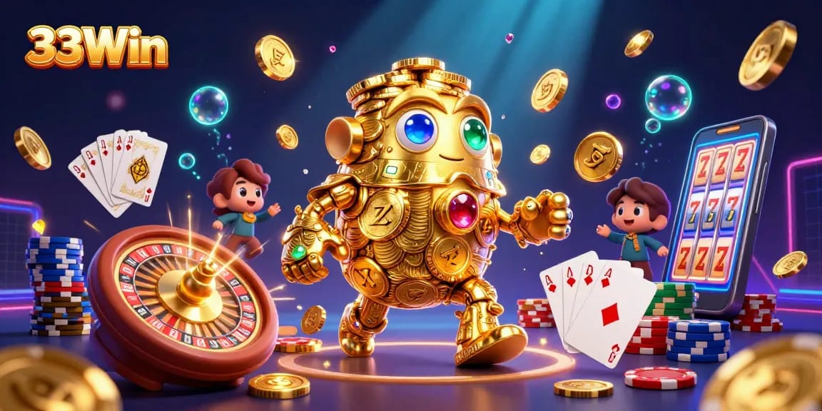 Engage in the thrilling world of 33Win with our vibrant slots and casino action illustration.