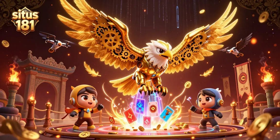 Experience excitement at situs 181 as a golden eagle dives through holographic cards, illustrating casino thrills.