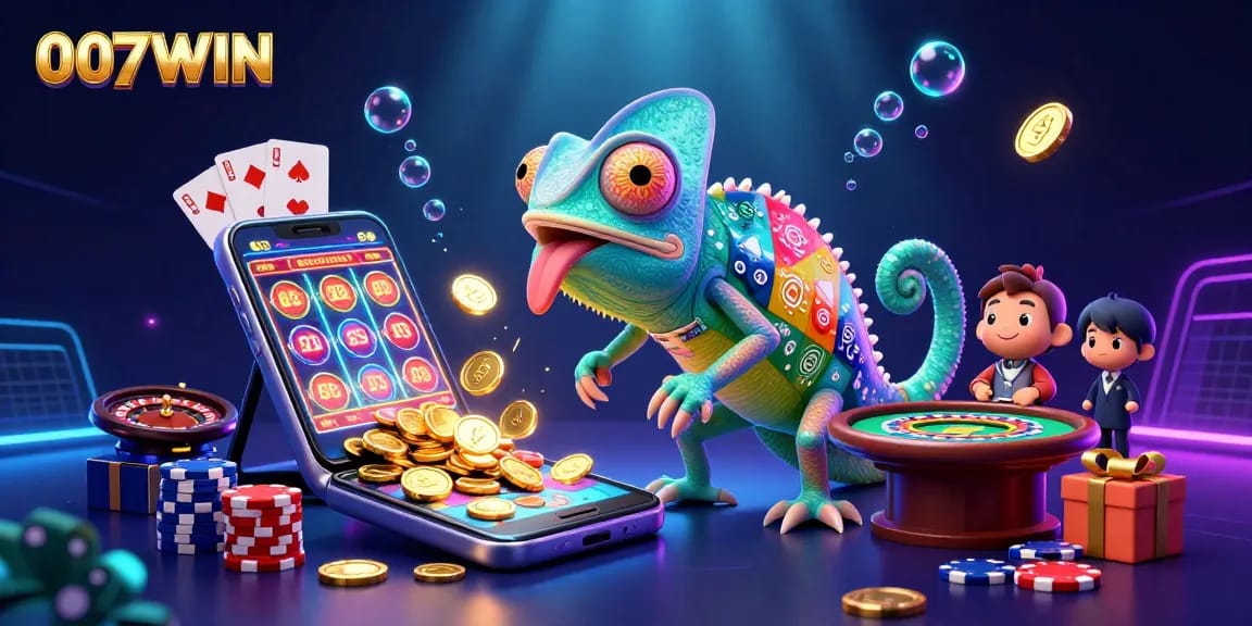 Experience the vibrant gaming world with 007WIN, featuring a dynamic chameleon casino owner surrounded by exciting games.