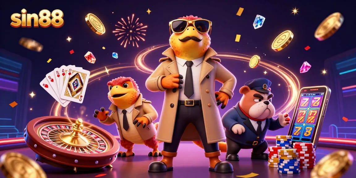Experience sin88 casino excitement with cartoon raptors entering a VIP lounge amidst vibrant game elements.