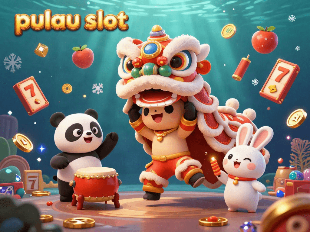 Pulau slot features a festive illustration of lion dance characters, jackpot symbols, and coins creating a gaming atmosphere.