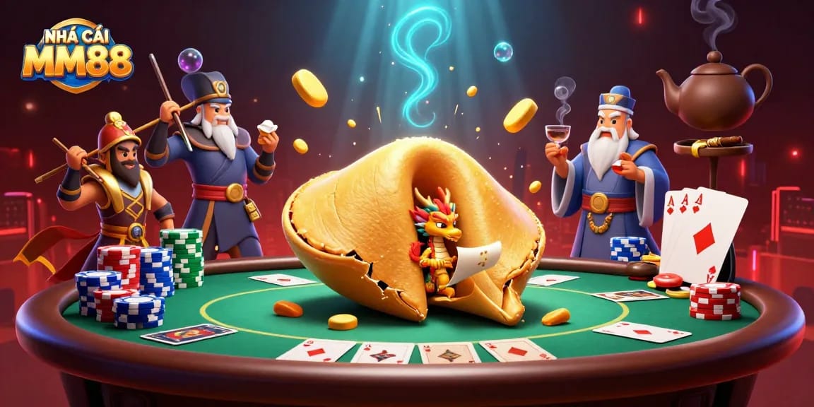Engage with NHÀ CÁI MM88 featuring a golden fortune cookie and poker elements in a vibrant casino scene.