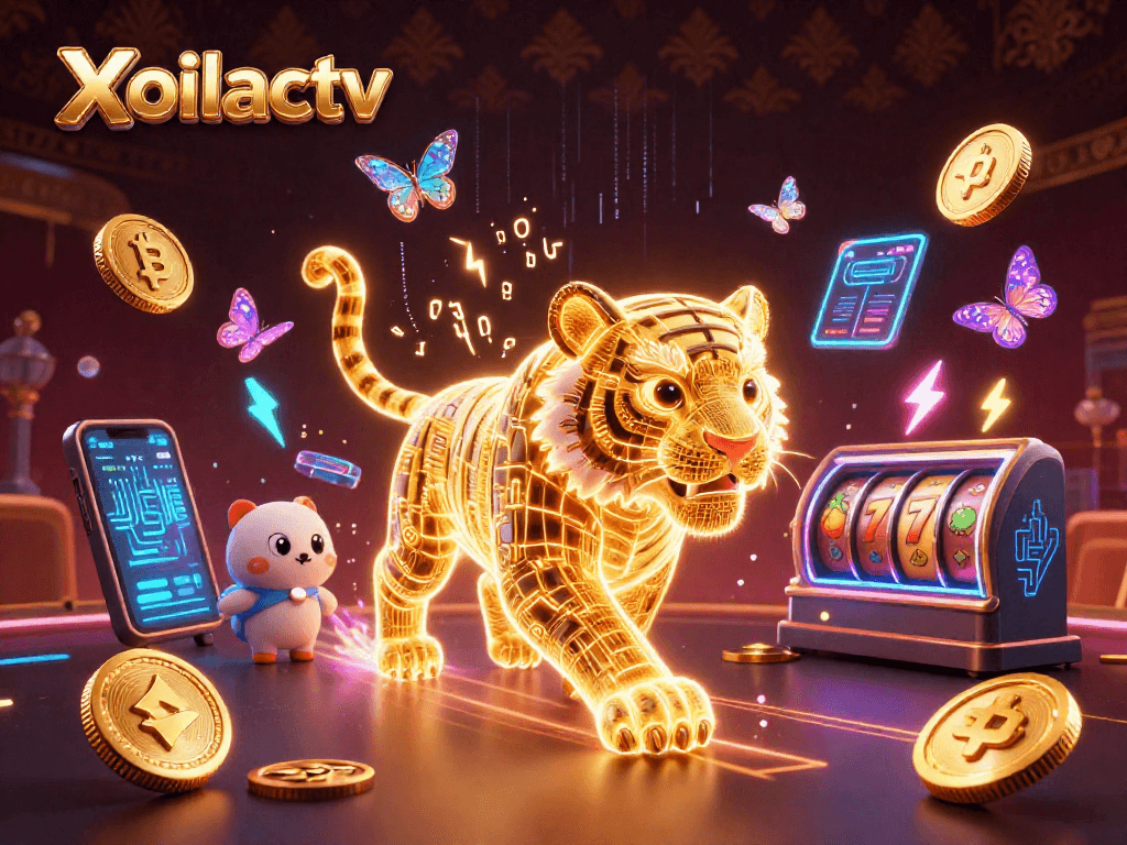 Xoilactv showcases a vibrant digital casino scene filled with a neon-wireframe golden tiger, slot reels, and cryptocurrency elements.