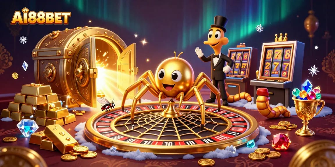 Engaging AI88BET casino scene featuring a spider and fly in a vibrant, interactive setting with roulette and treasure.