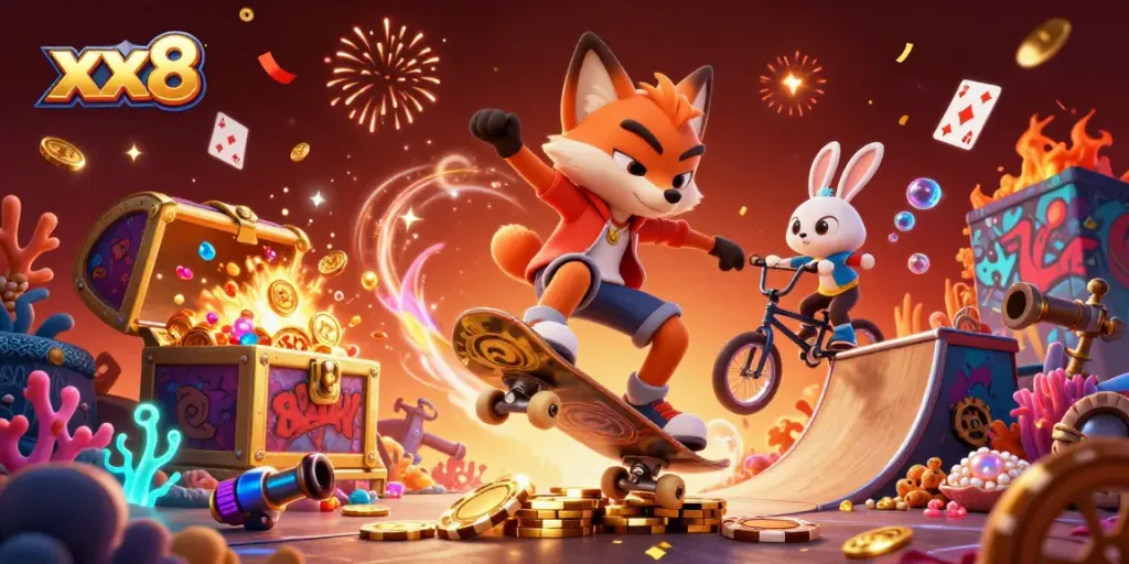 Engage with the vibrant xx8 casino world through dynamic gaming elements and colorful characters in action.
