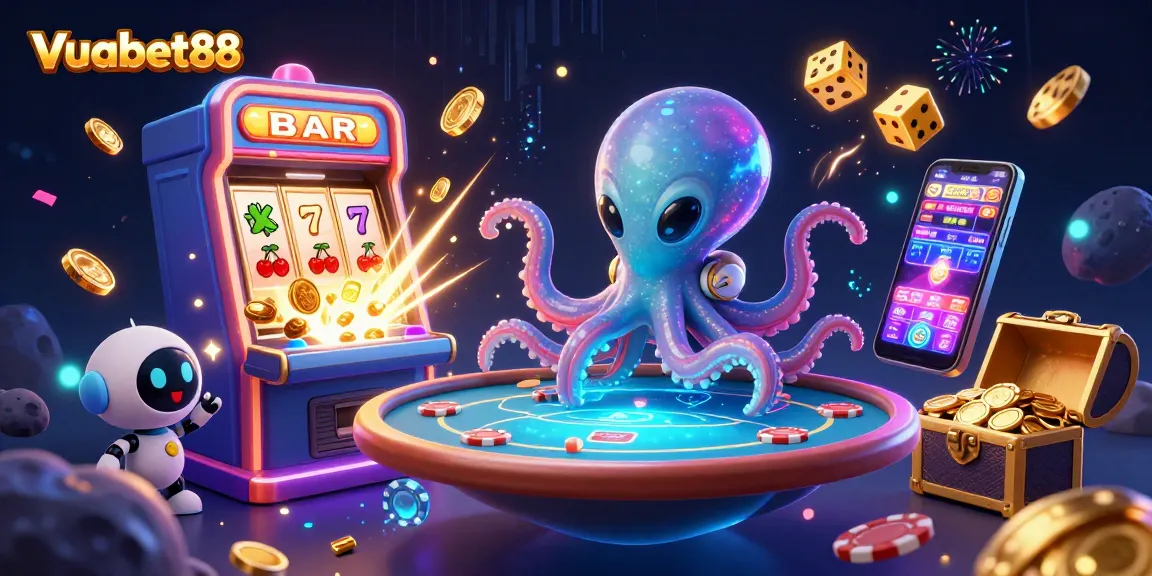 Experience dynamic gaming excitement at Vuabet88 with a vibrant cosmic casino scene featuring a playful alien octopus.