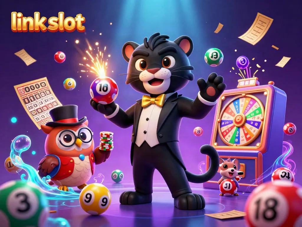 Experience the excitement of link slot games with a cartoon panther dealer, owl, and mouse amidst dynamic casino elements.