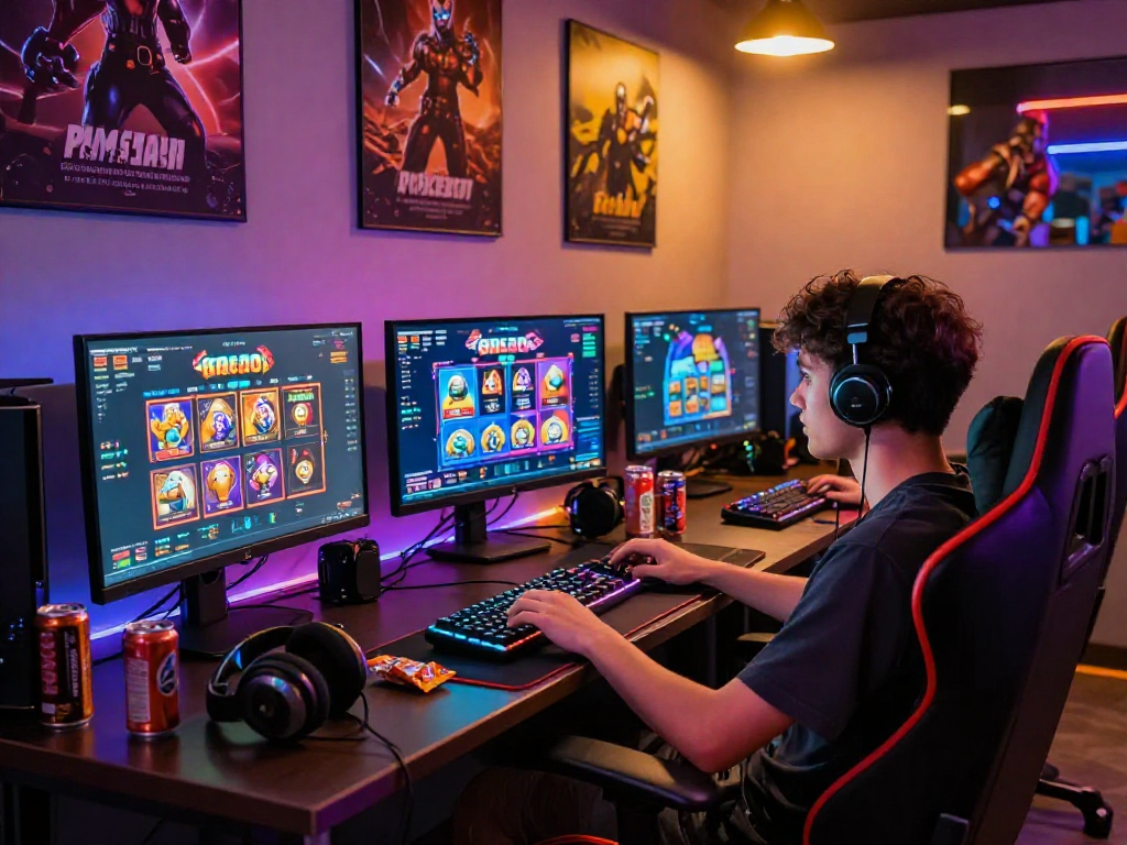 Engaging slot gacor gaming scene showcasing a player immersed in colorful game interfaces and gaming accessories.