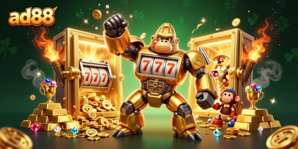 Experience the excitement of ad88 with a thrilling slot-themed golden gorilla mech action scene