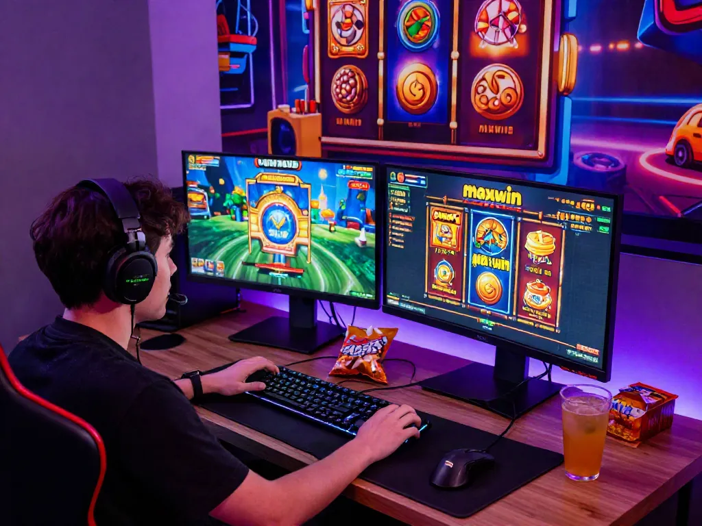 Engaged player enjoying slot gacor maxwin games in a colorful gaming setup, showcasing gaming atmosphere.