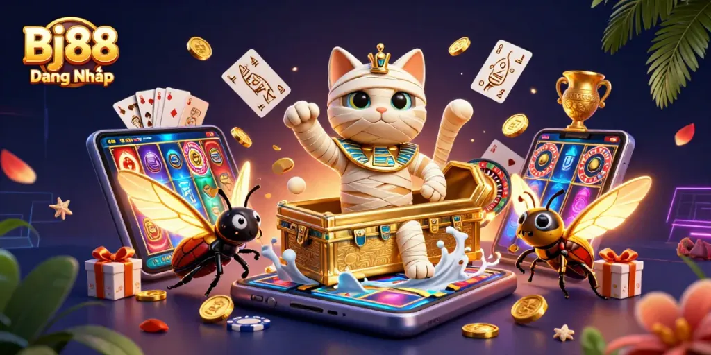 Bj88 Đăng Nhập showcases a thrilling casino scene with an Egyptian mummy cat, scarab, and vibrant gaming elements.
