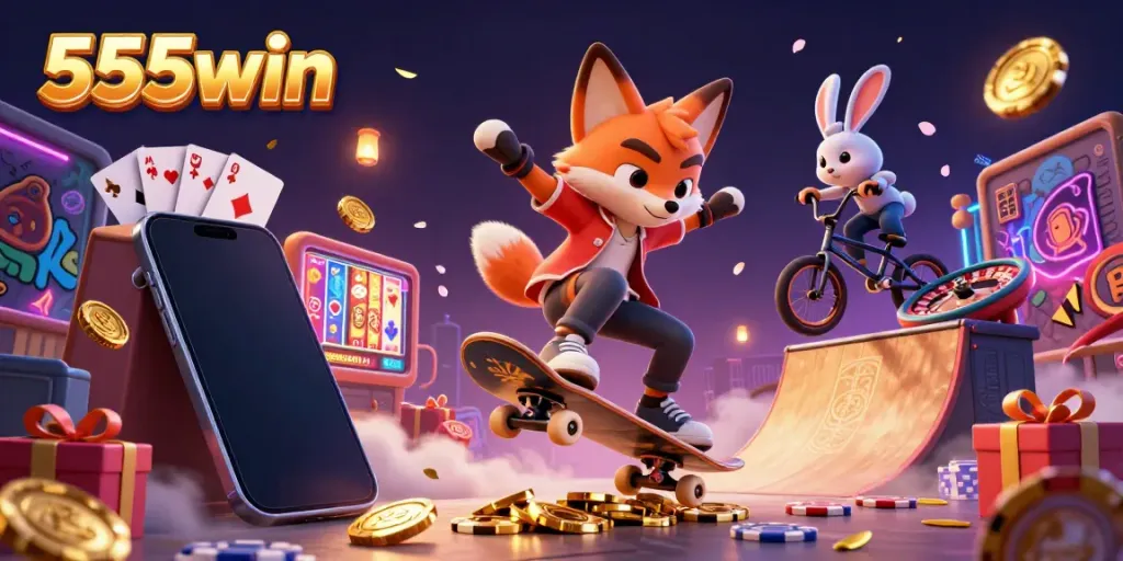 Experience thrilling gameplay at 555win with dynamic characters showcasing casino excitement amidst vibrant graphics.