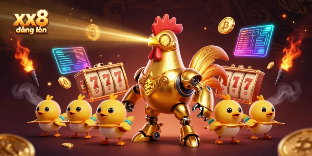 Experience the xx8 đăng nhập adventure with a golden rooster robot leading a dynamic casino scene filled with vibrant gaming elements.
