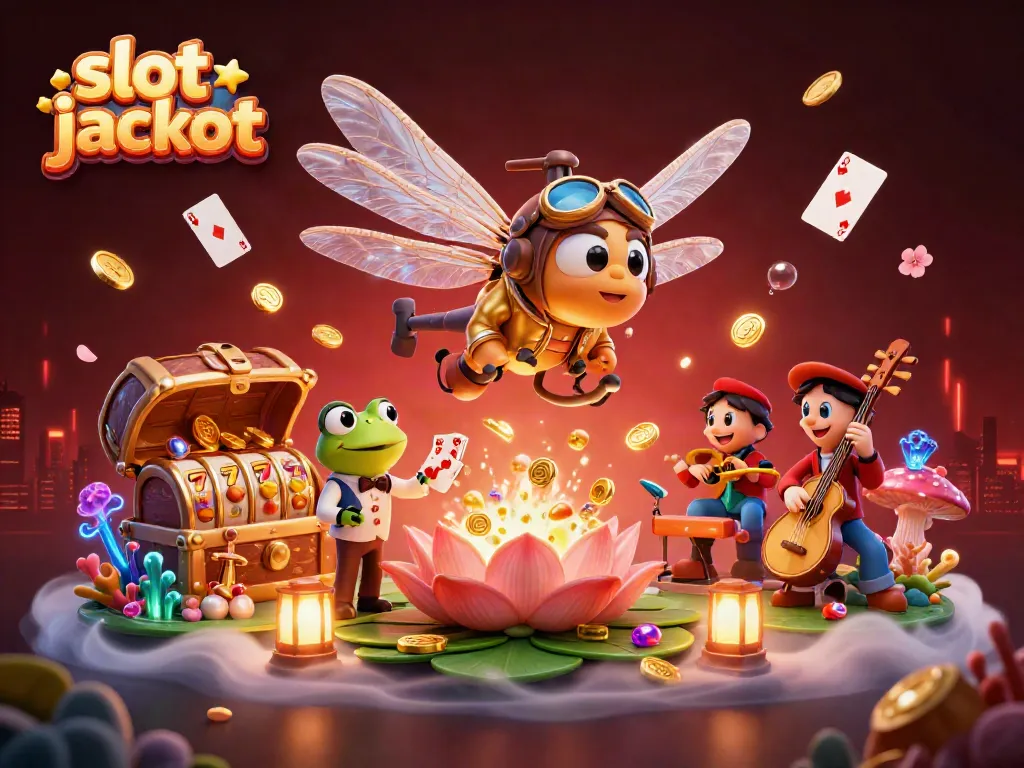 Experience the thrill of a slot jackpot with vivid casino characters and elements in a magical setting.