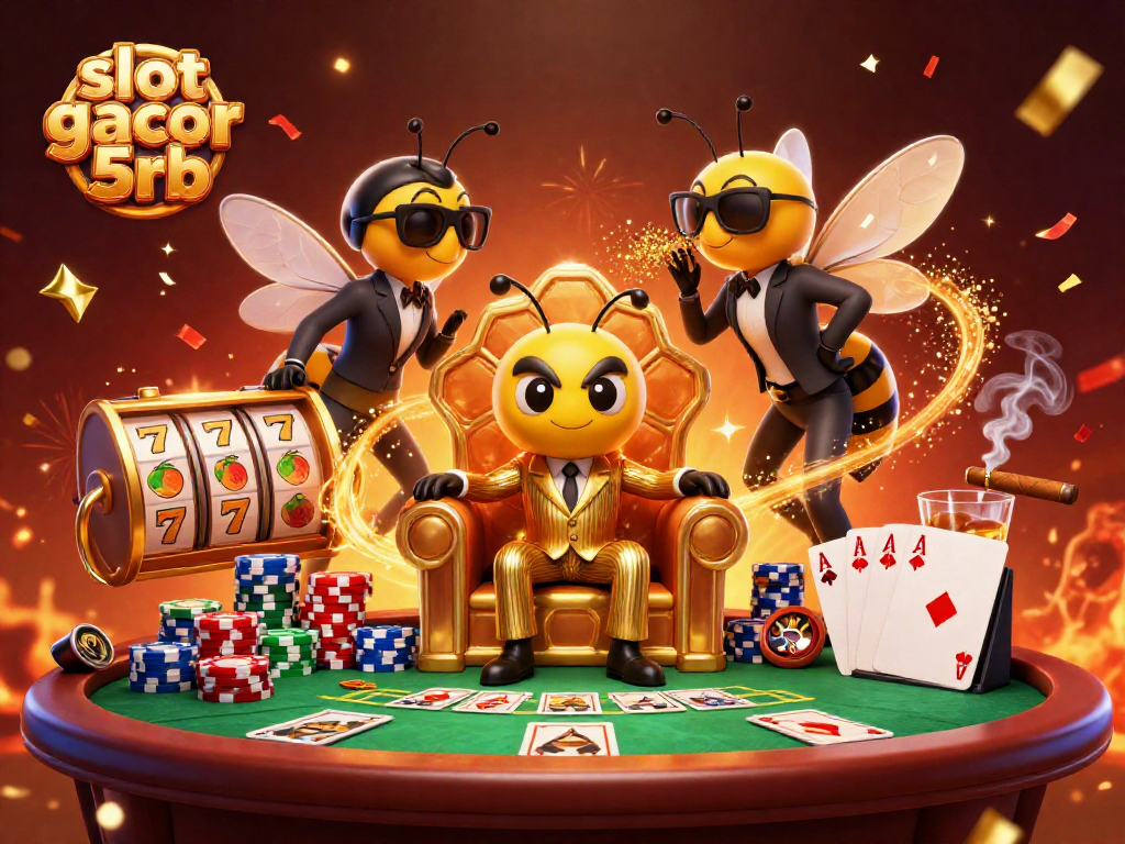 Winning at slot gacor 5rb with a bumblebee mob boss in a lively casino scene.