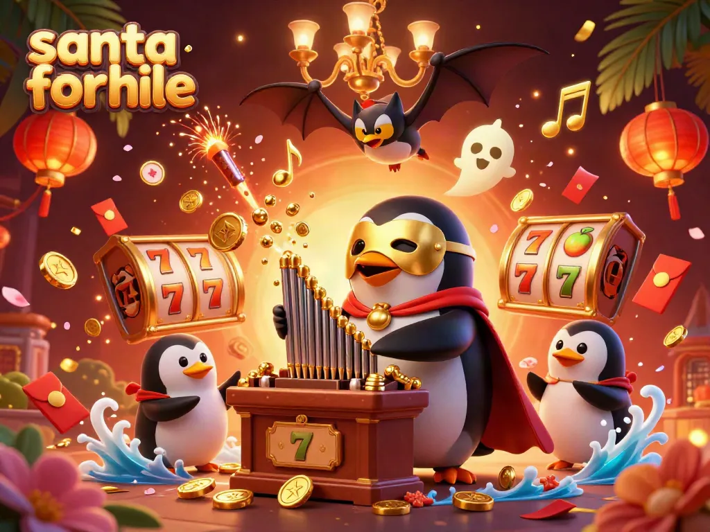 Experience the magic of Santa for hire with a festive casino scene featuring a penguin playing an organ of gold.