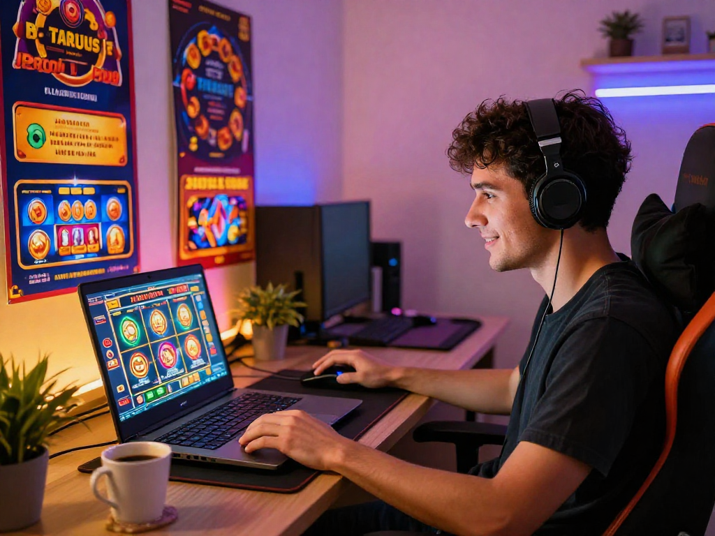 Player enjoying slot online terpercaya experience on a laptop with vibrant graphics and cozy ambiance.
