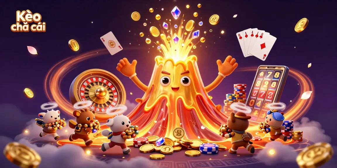 Kèo nhà cái showcases exciting sports betting dynamics with a triumphant volcanic jackpot eruption in a vibrant casino-themed scene.
