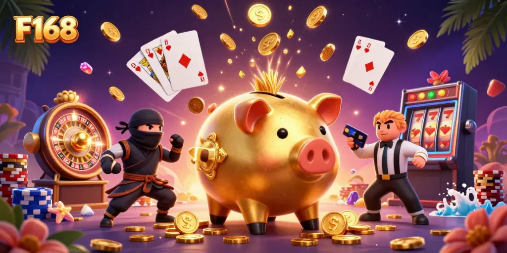 F168 slots extravaganza featuring exciting characters amidst cascading coins and poker chips.