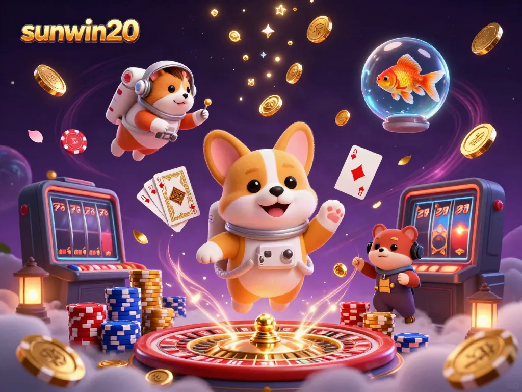 Experience the excitement of sunwin20 with cartoon characters in a lively casino scene filled with coins and games.