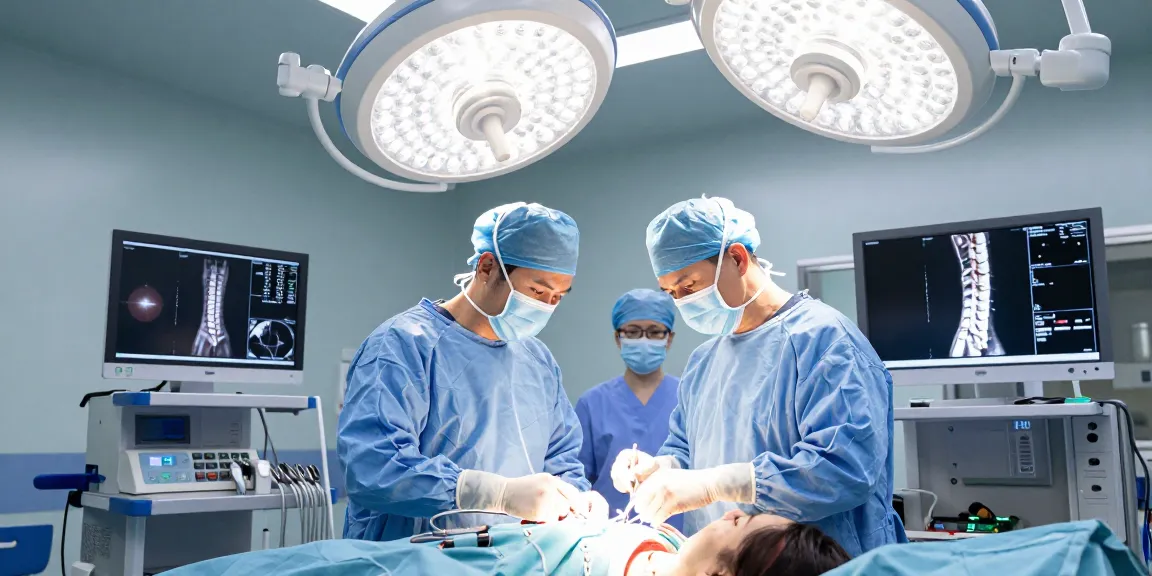 Minimally invasive Bel fıtığı ameliyatı surgical scene with advanced technology, focused surgeon and patient.