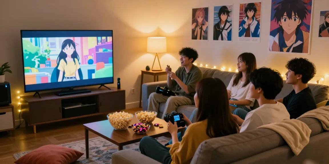 Group watching Anime Sub together in cozy setting, enjoying snacks and vibrant visuals.