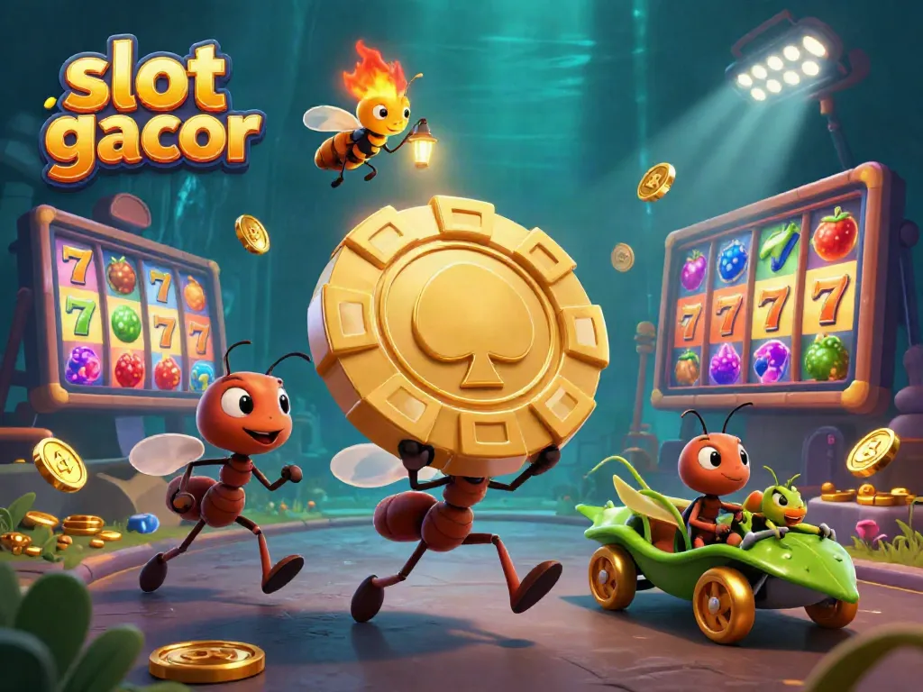 Engage with slot gacor excitement as ants race to carry a giant poker chip amidst dynamic gaming elements.