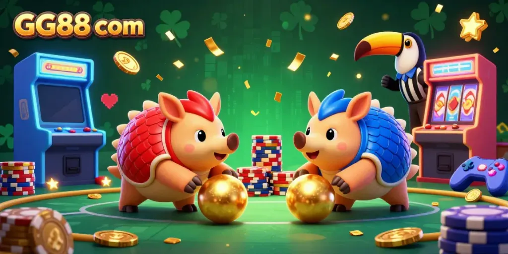 Experience the excitement of GG88 com with playful pangolins bowling chips in a vibrant casino scene.