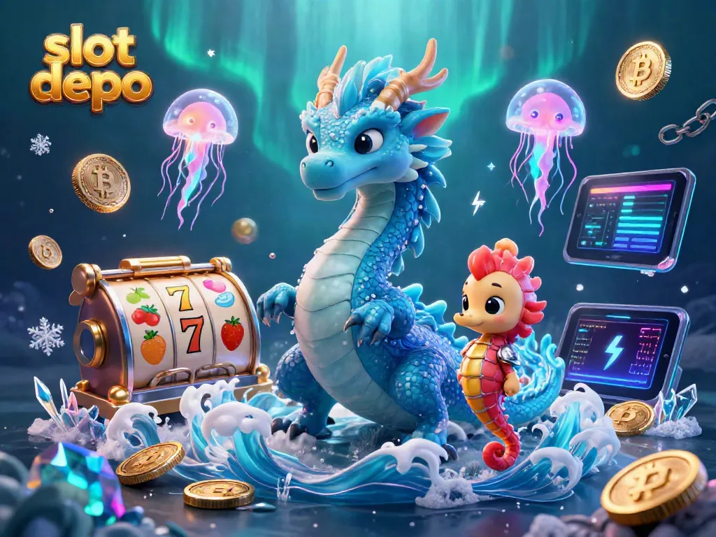 Engaging illustration of slot depo with a magical water dragon, seahorse knight, and vibrant slot elements.