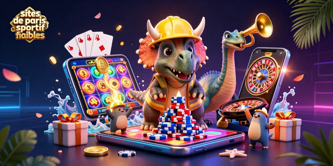 Sites de paris sportif fiables : un triceratops et un parasaurolophus célèbrent un pari gagnant entourés d'éléments de casino.