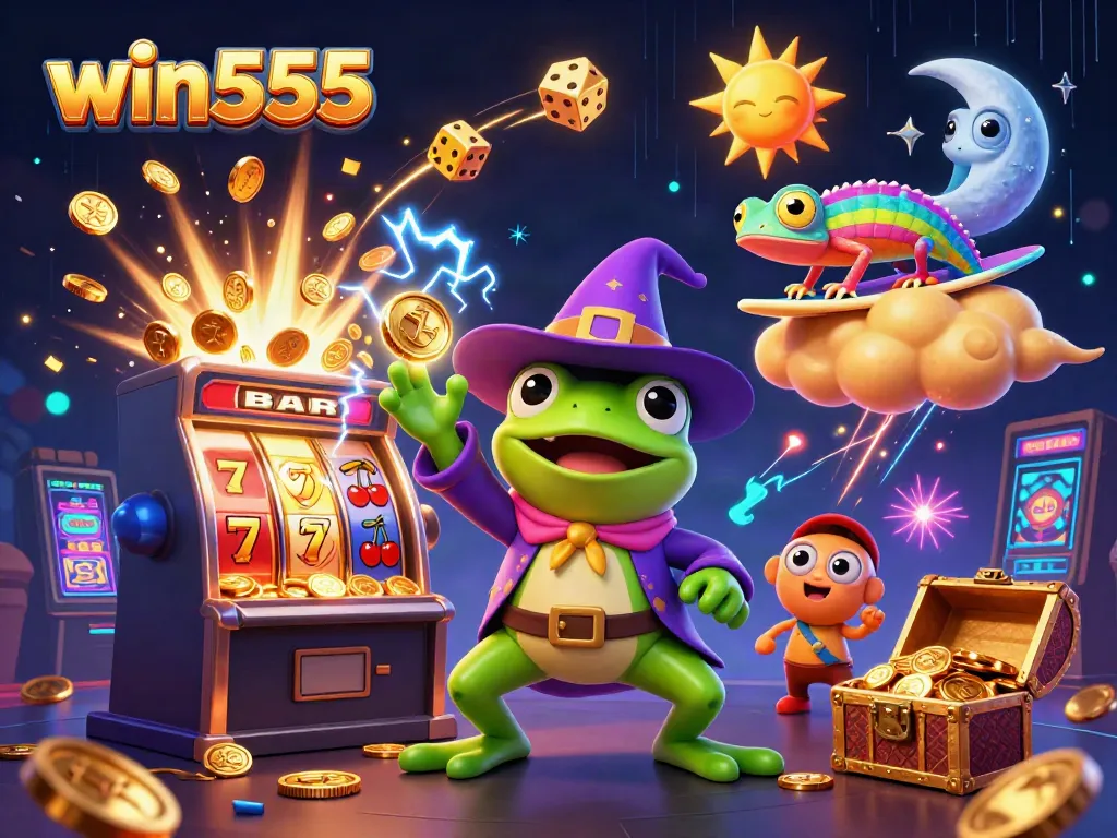 Engage with win555's thrilling casino experience, featuring vibrant characters and golden rewards.
