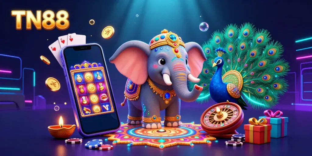 Engage with TN88's thrilling casino experience featuring an ornate elephant, vibrant peacock, and dynamic slot game elements.