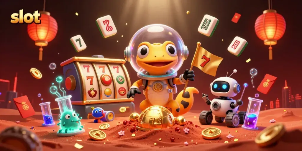 Experience thrilling slot gaming adventures with vibrant 3D visuals and casino elements.