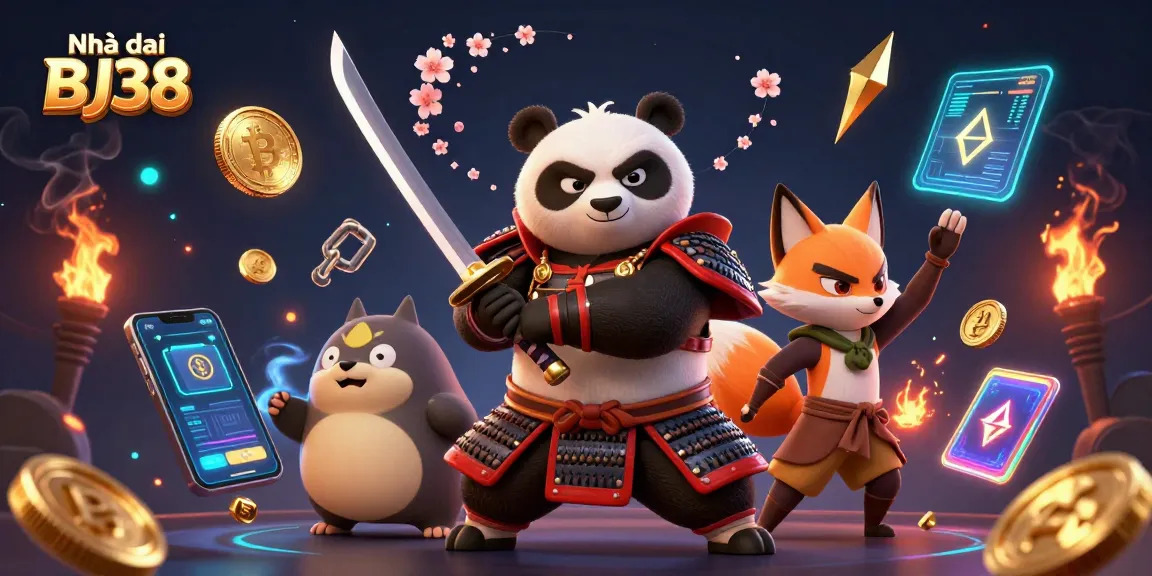 Engage with Nhà cái BJ38 as a fierce panda samurai leads an energetic fantasy gambling scene.