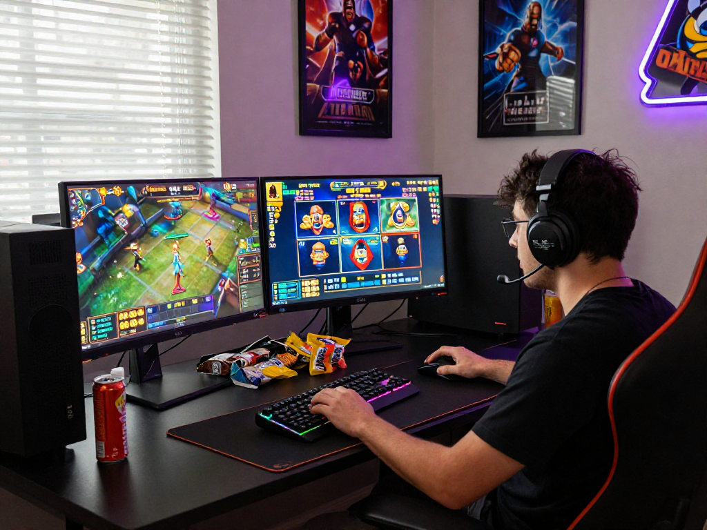 Player engaged in a vibrant slot gacor game session, showcasing an exciting gaming environment with modern peripherals.