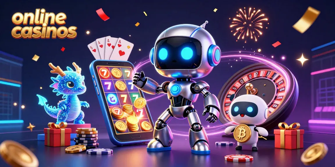 Experience excitement at online casinos with a vibrant scene presenting a cyberpunk robot and digital companions.