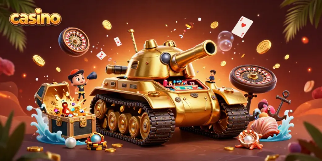 Experience the vibrant casino atmosphere with a golden beetle tank revealing a miniature casino.